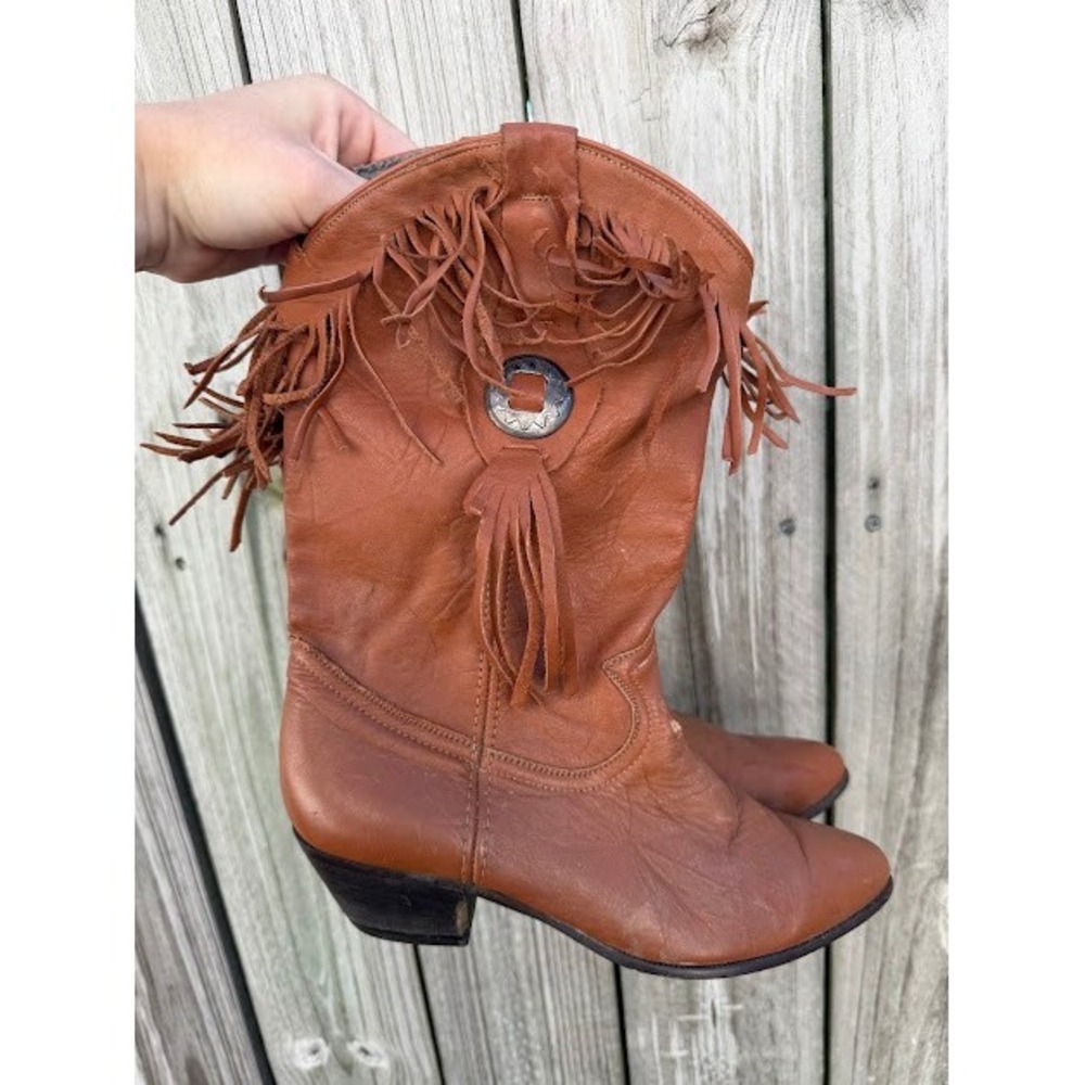 Vintage Acme Cowboy Boots Women 10 Tan Fringe Concho Western Boho Pointed Toe